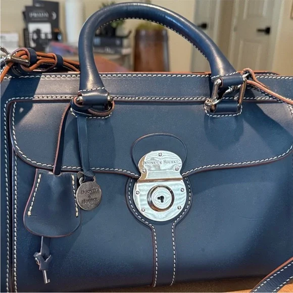 Dooney & Bourke Navy Satchel with Tan Trim - Picture 2 of 10